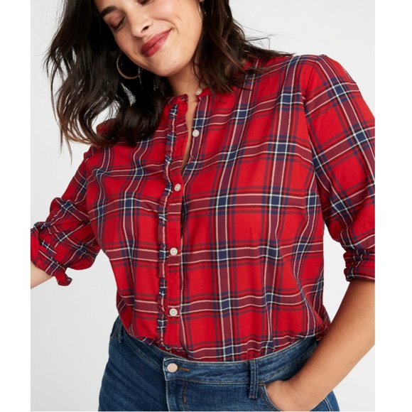 Old Navy Red Blue Plaid Tartan Ruffle Button Trim Long Sleeve Shirt zXL - Picture 2 of 15